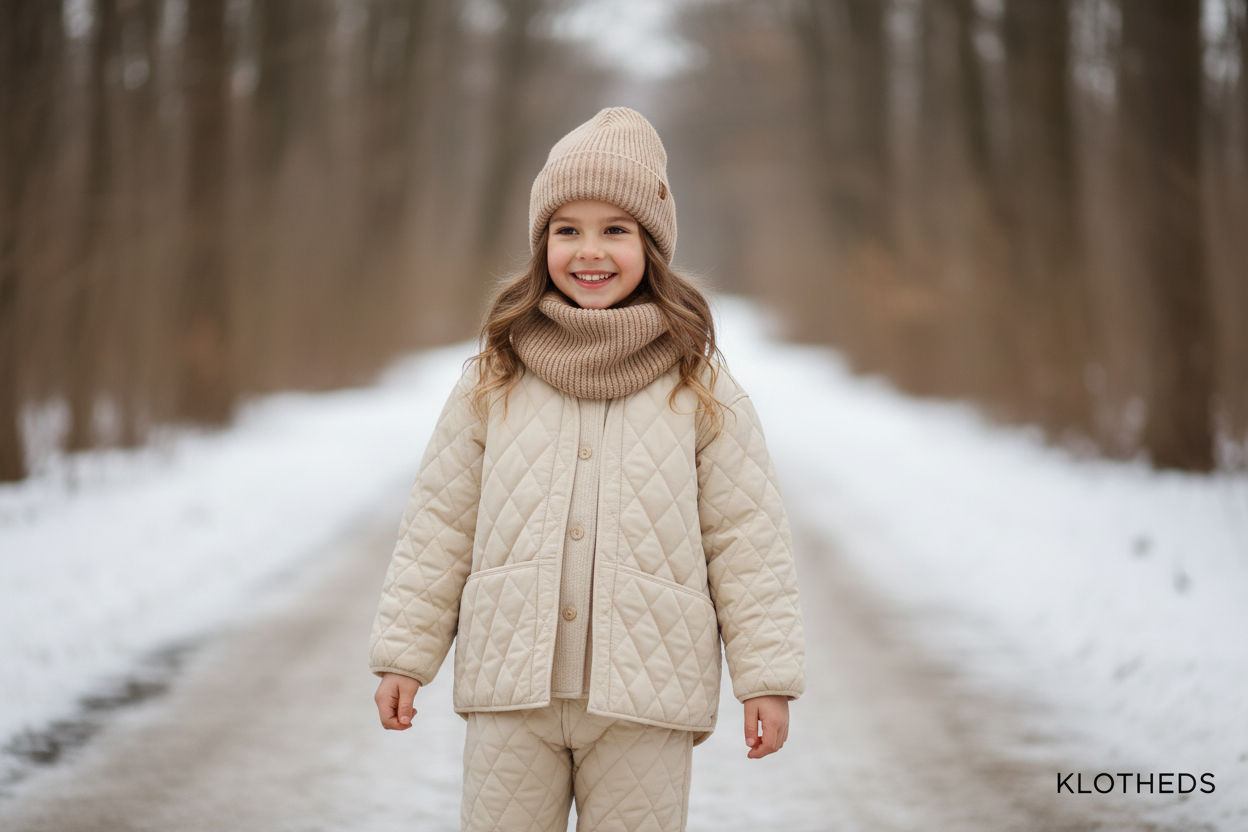 Bambina con giacca beige imbottita