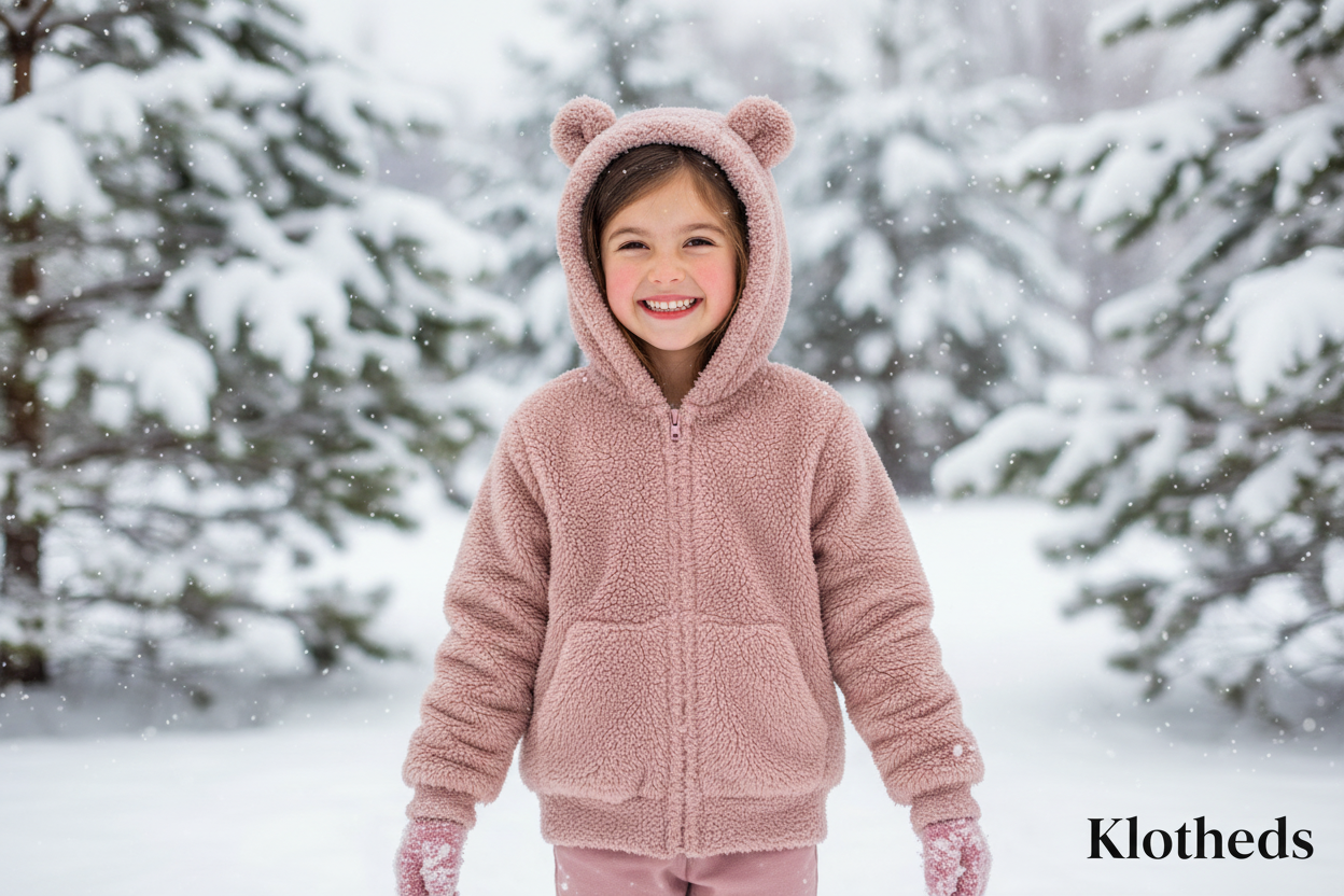 Bambina con giacca peluche rosa orecchie orsetto