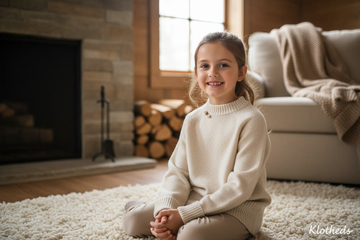 Bambina con maglione beige spesso