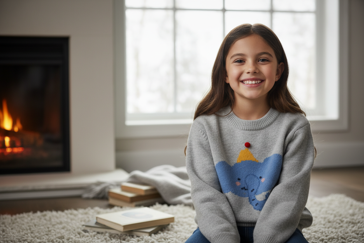 Bambina con maglione grigio animali jacquard