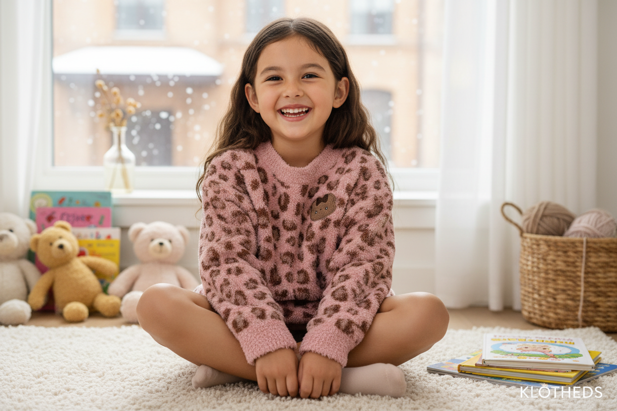 Bambina con maglione rosa leopardato