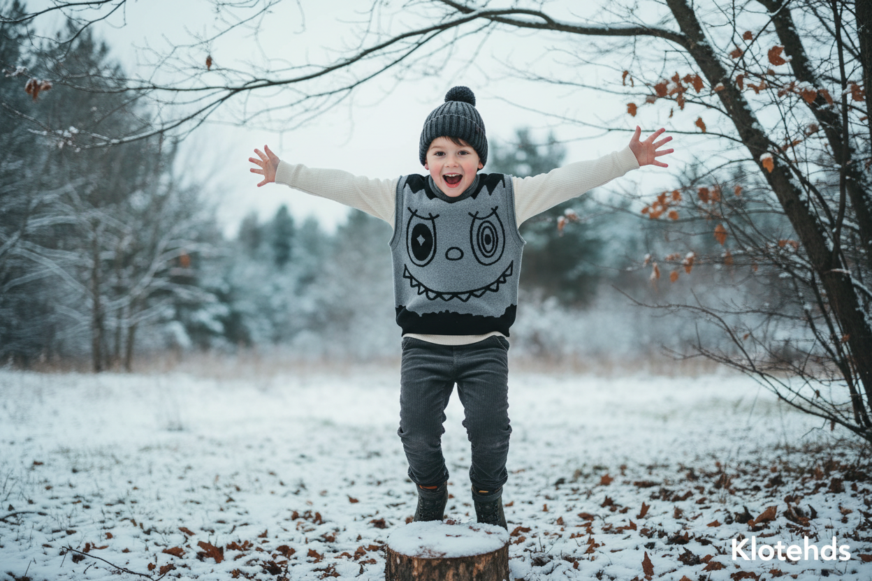 Bambino con gilet grigio mostro