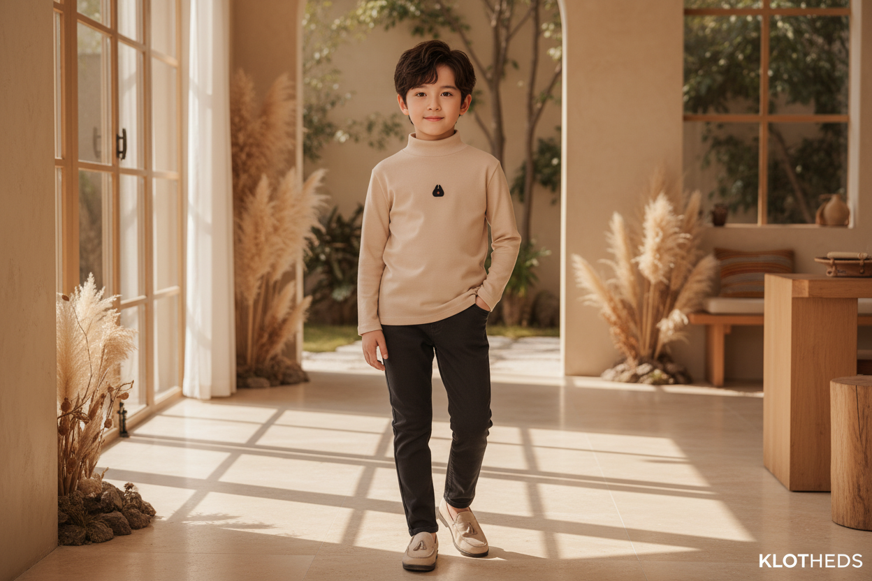 Bambino con maglia collo alto beige slim fit