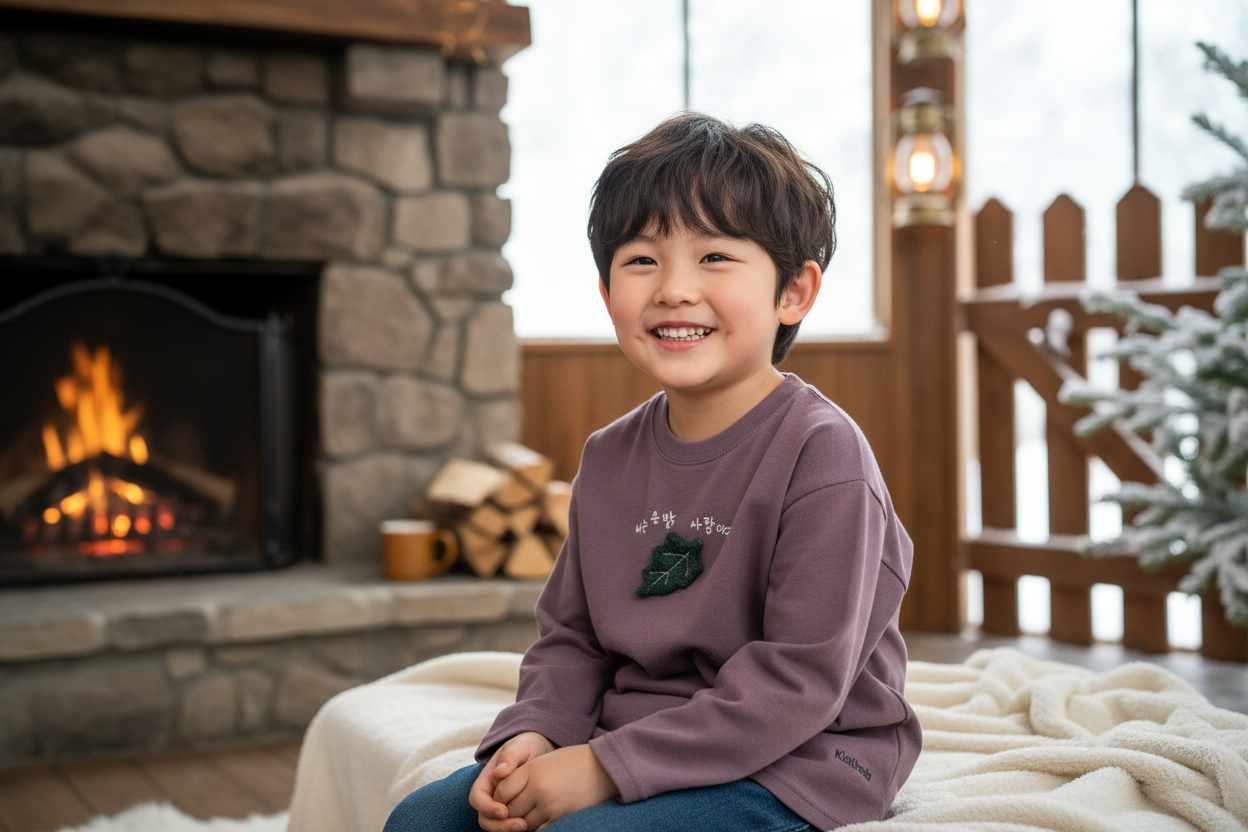 Bambino con maglia viola foglia