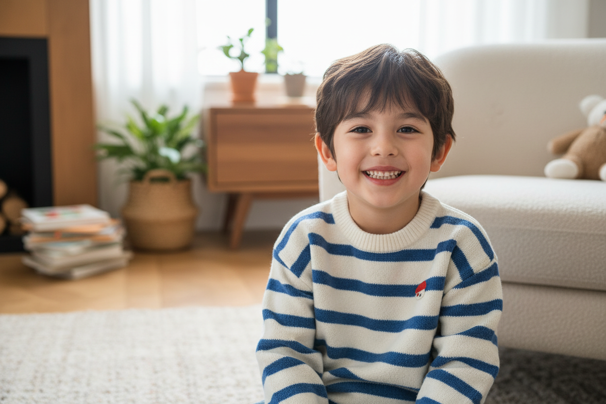 Bambino con maglione a righe azzurro