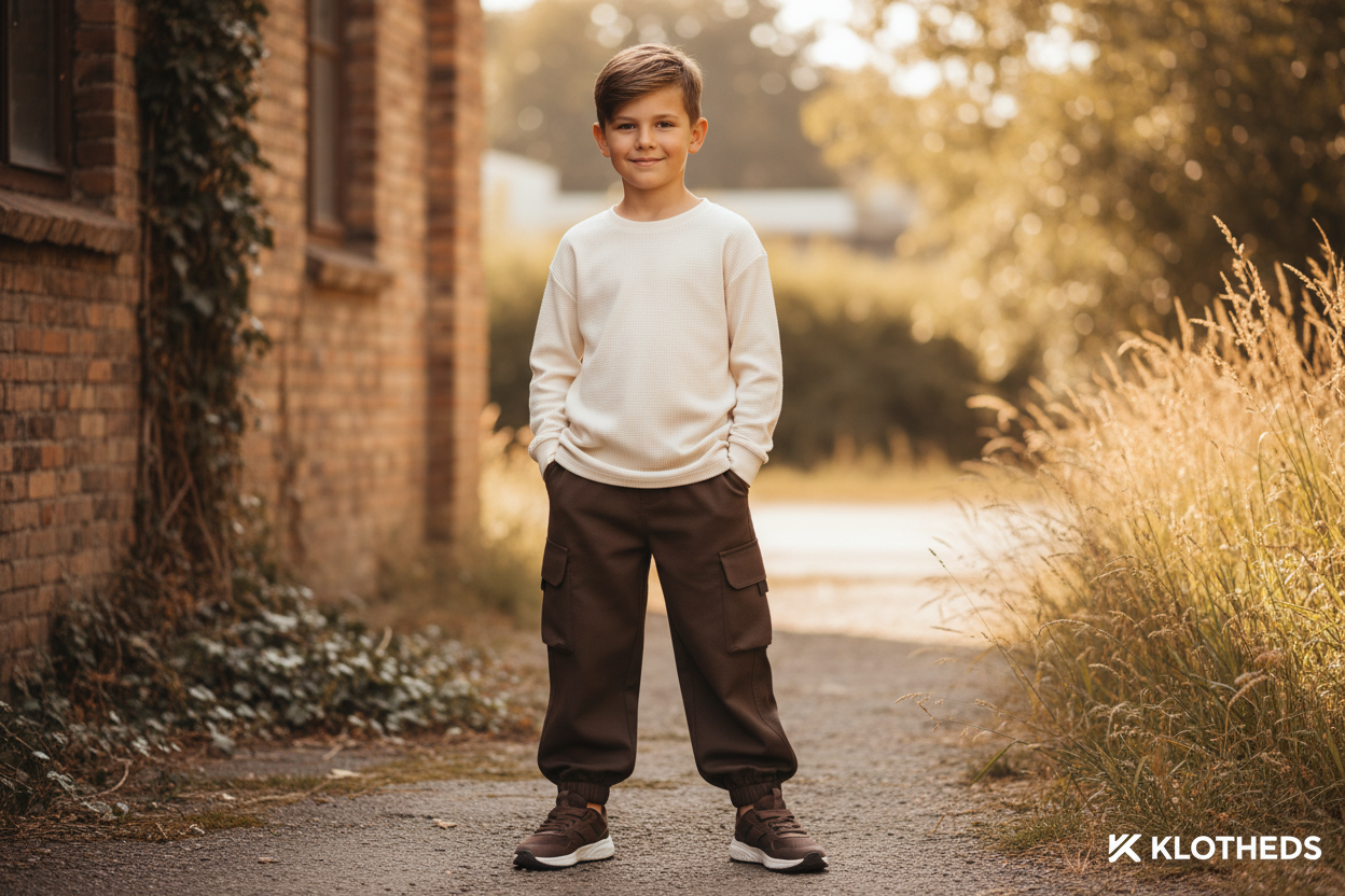 Bambino con pantaloni cargo marroni