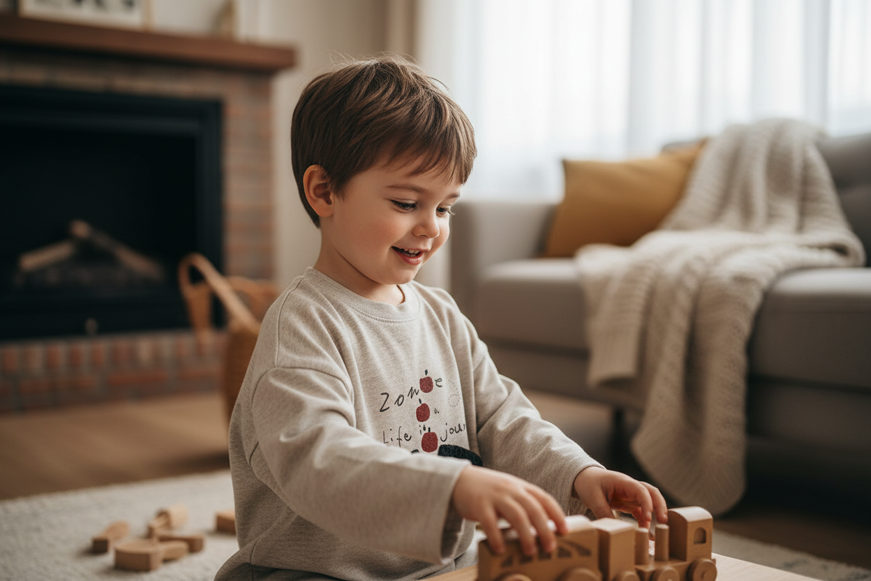Bambino con t-shirt beige cucciolo