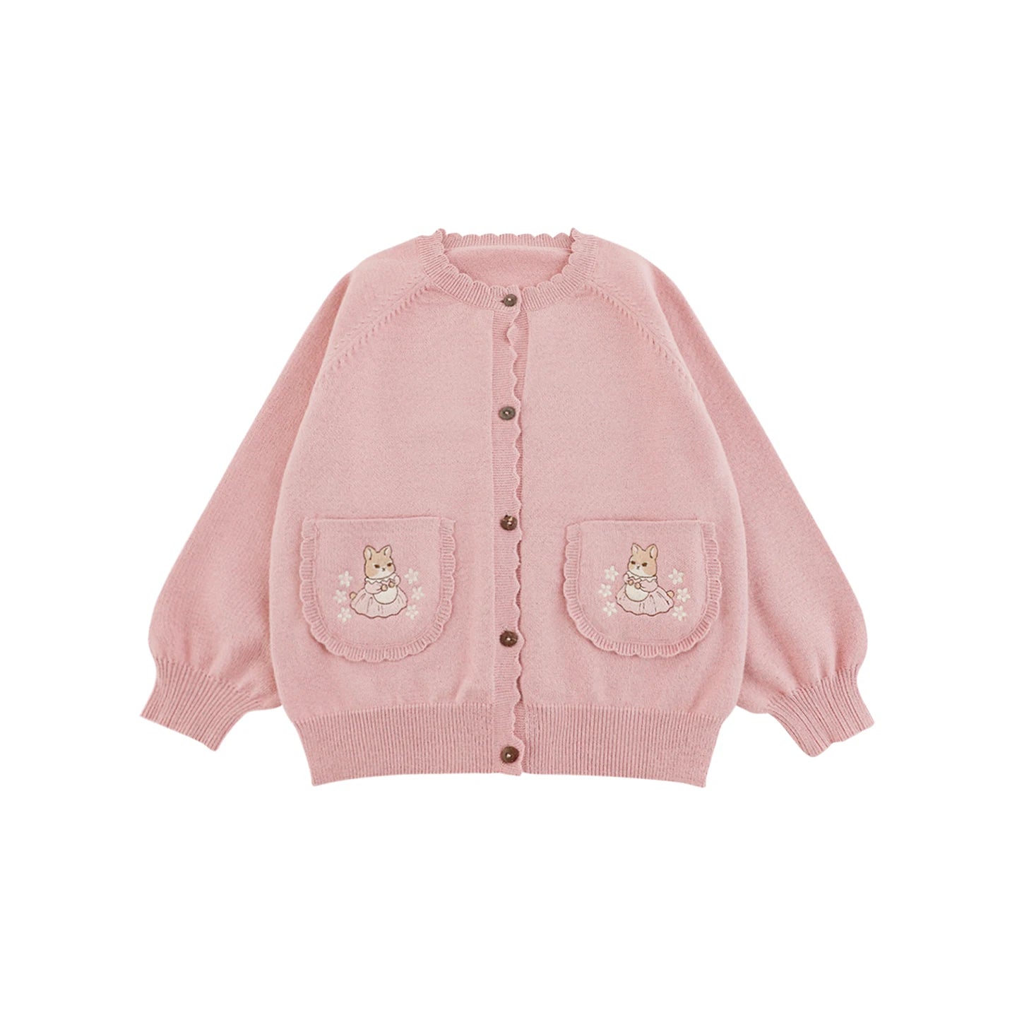 Cardigan in Maglia da Bambina con Ricamo Coniglio e Tasche – Rosa o Beige - Klotheds