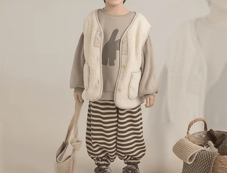 Completo Invernale Bambino – Maglia in Cotone con Orso, Gilet Morbido Beige e Pantaloni a Righe - Klotheds