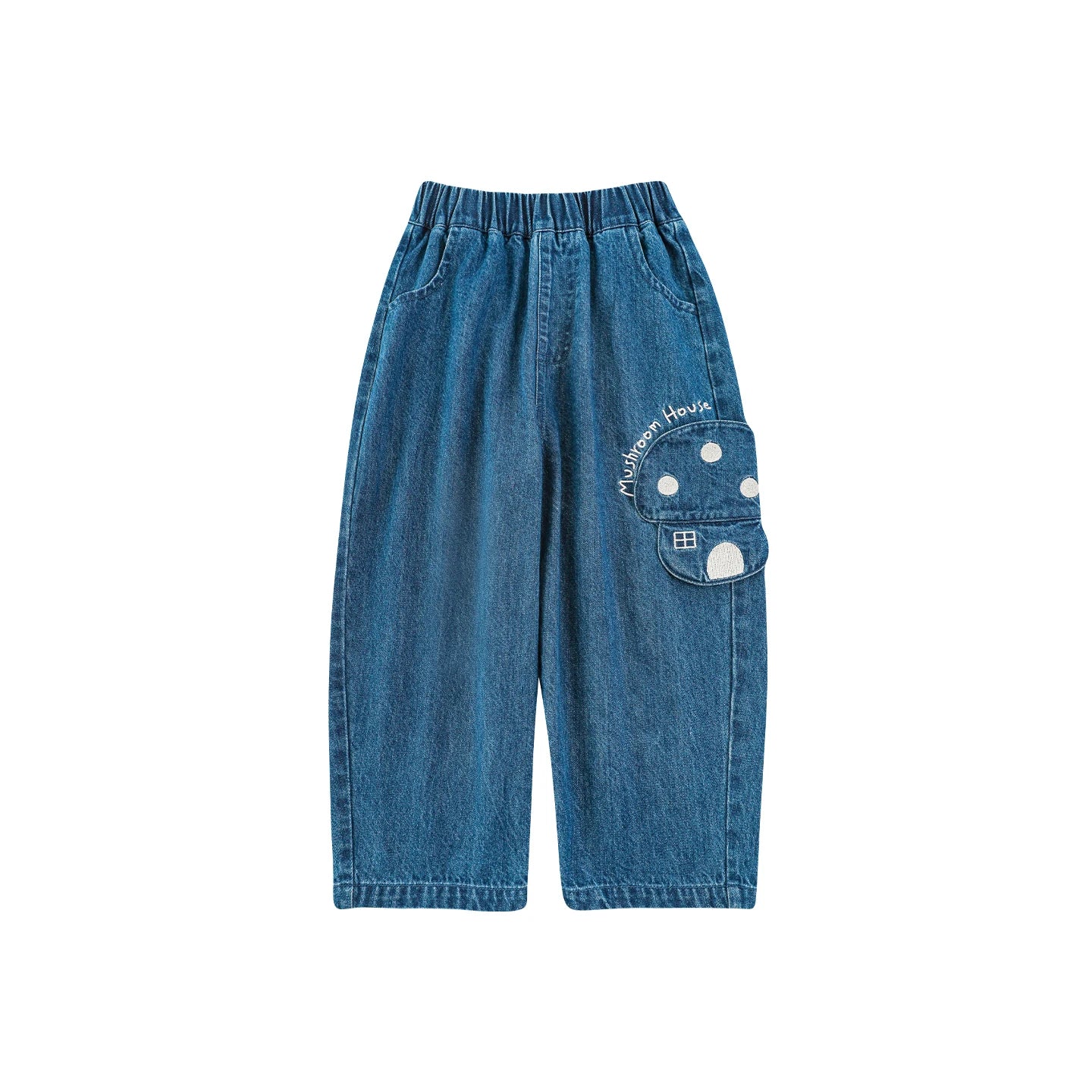 Jeans larghi patchwork blu a gamba larga per bambina – dettaglio fungo - Klotheds