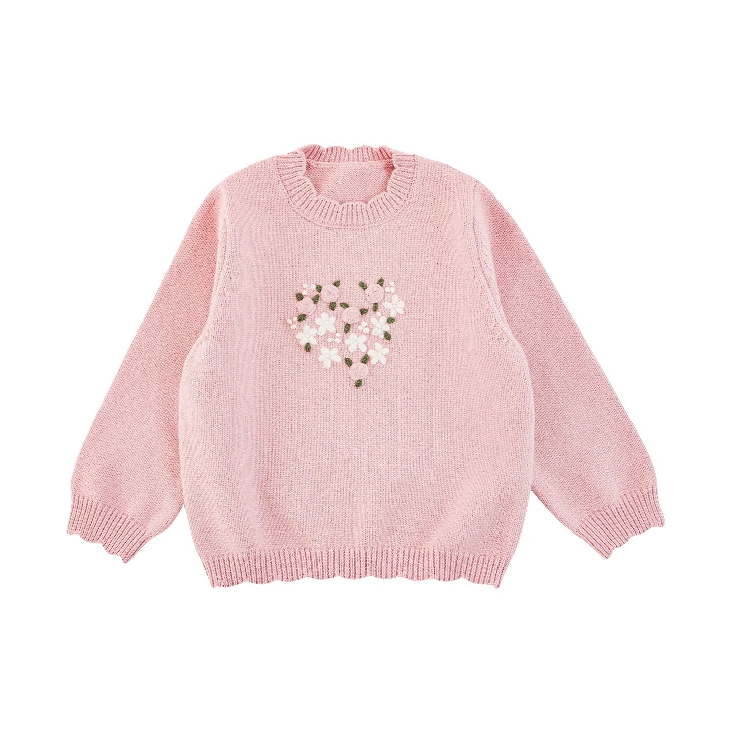Maglione Invernale da Bambina con Collo a Petalo e Ricamo Floreale – Beige o Rosa - Klotheds