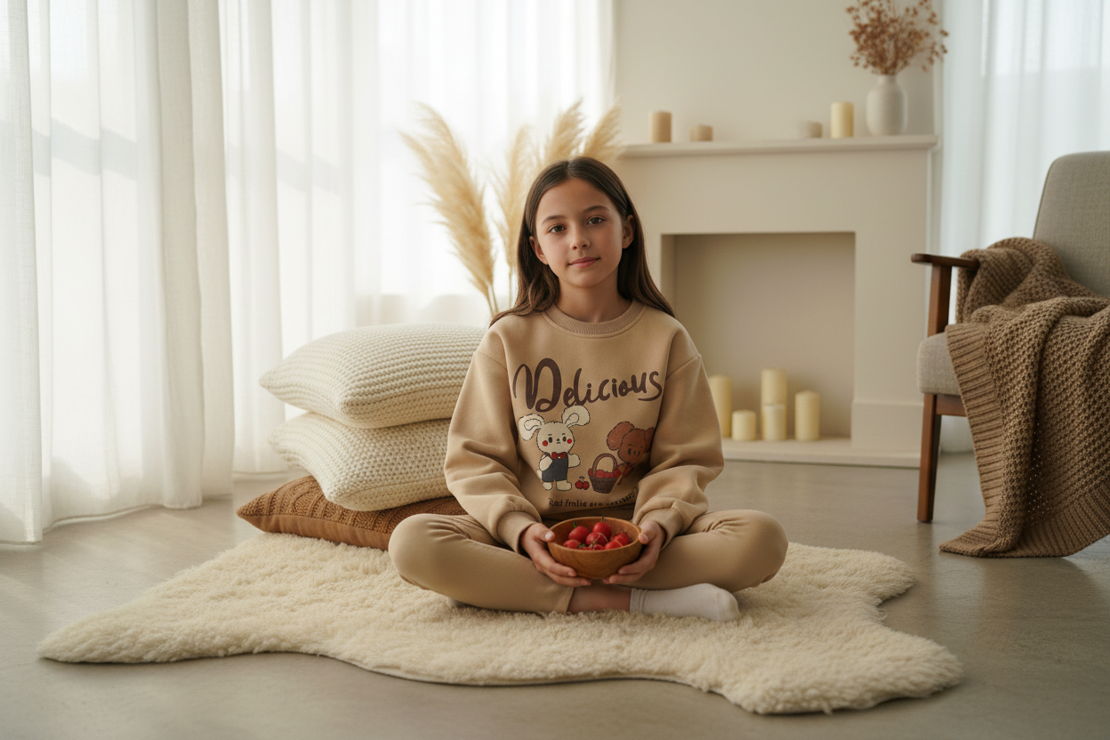 Ragazza con felpa beige pile