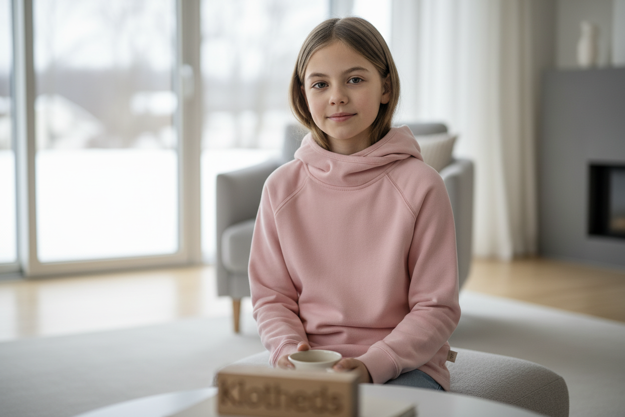 Ragazza con felpa rosa cappuccio collo alto