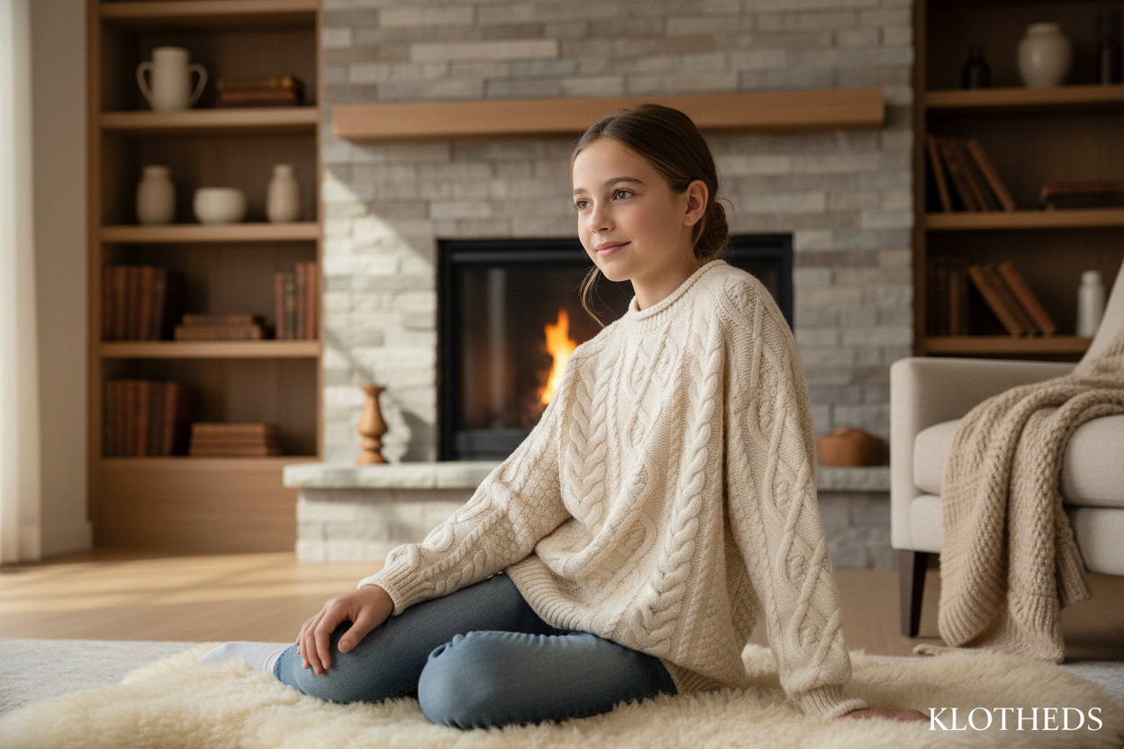 Ragazza con maglione beige a treccia
