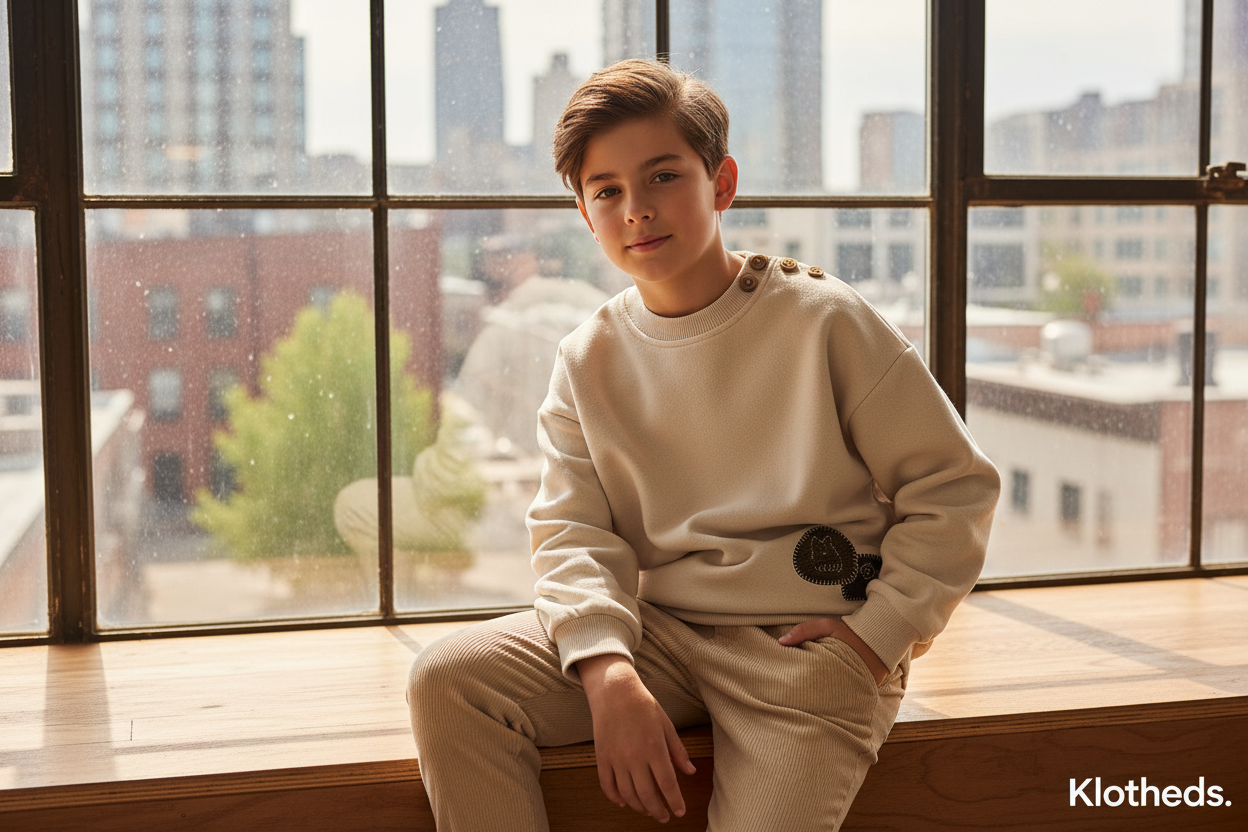 Ragazzo con felpa oversize beige