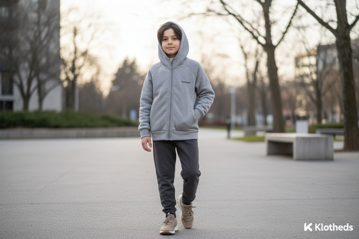 Ragazzo con giacca grigia cappuccio zip