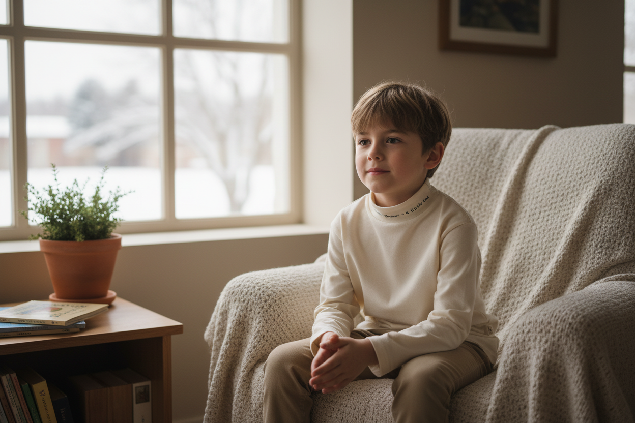Ragazzo con maglia beige collo alto