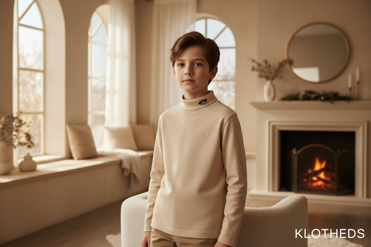 Ragazzo con maglione beige collo alto ricamo