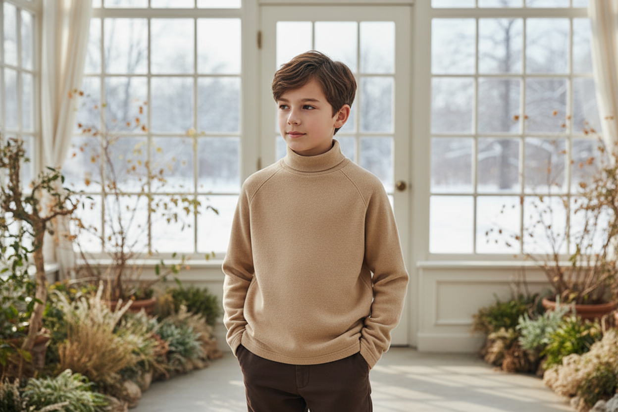 Ragazzo con maglione beige collo alto