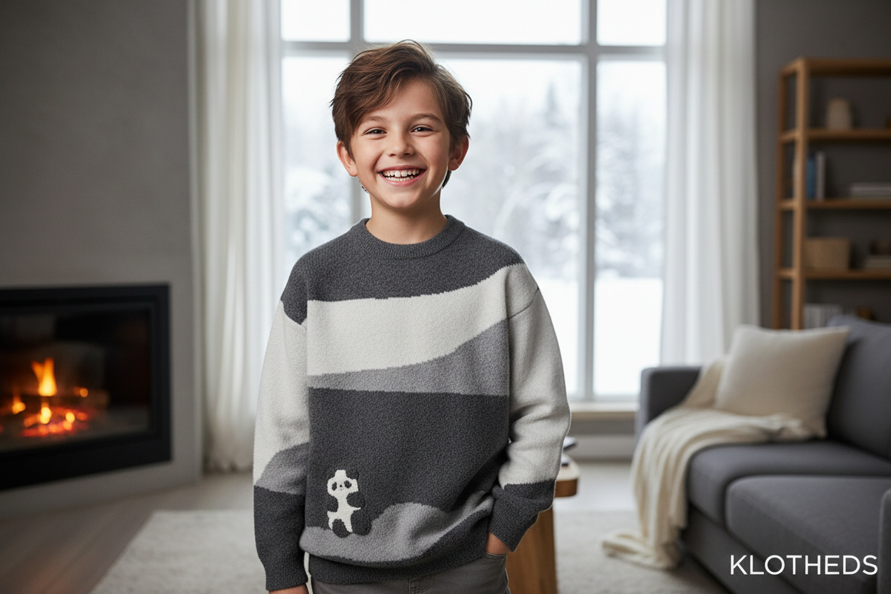 Ragazzo con maglione grigio panda