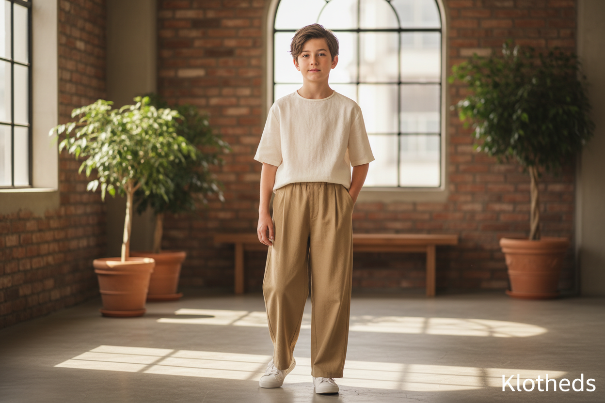 Ragazzo con pantaloni larghi cachi