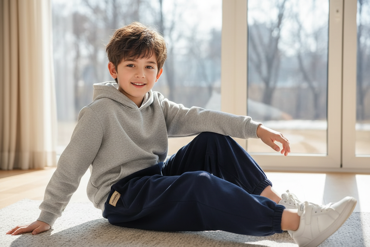 Ragazzo con pantaloni sportivi blu