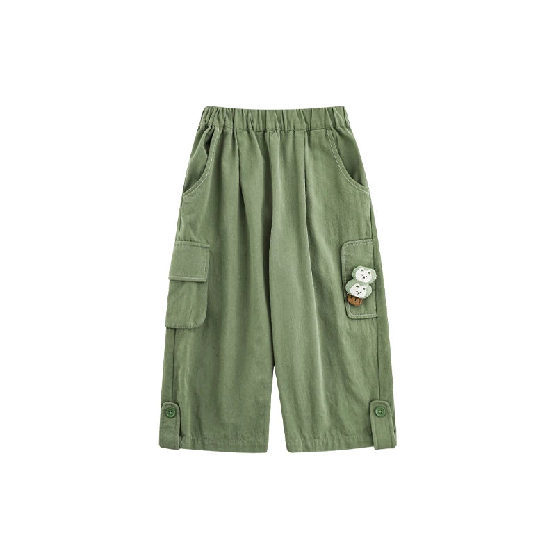 Pantaloni Larghi Bambino in Cotone – Verde e Beige, Vita Elasticizzata, Comodi e Casual