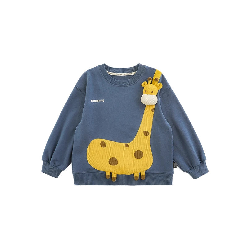 Felpa Bambino in Cotone con Giraffa 3D – Girocollo, Manica Lunga, Beige e Azzurro, Morbida e Divertente