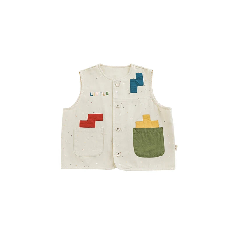 Gilet Bambino in Cotone con Tasche – Beige, Stampa Tetris Colorata, Casual e Comodo