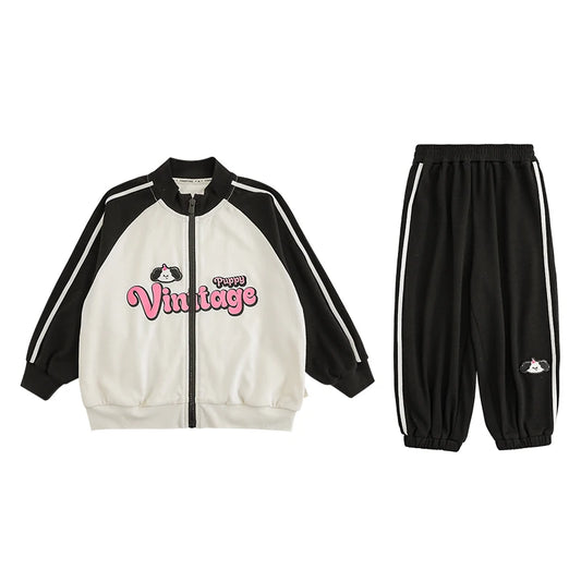 Set Completo Giacca e Pantaloni della Tuta per Bambina – Stile Varsity, Nero