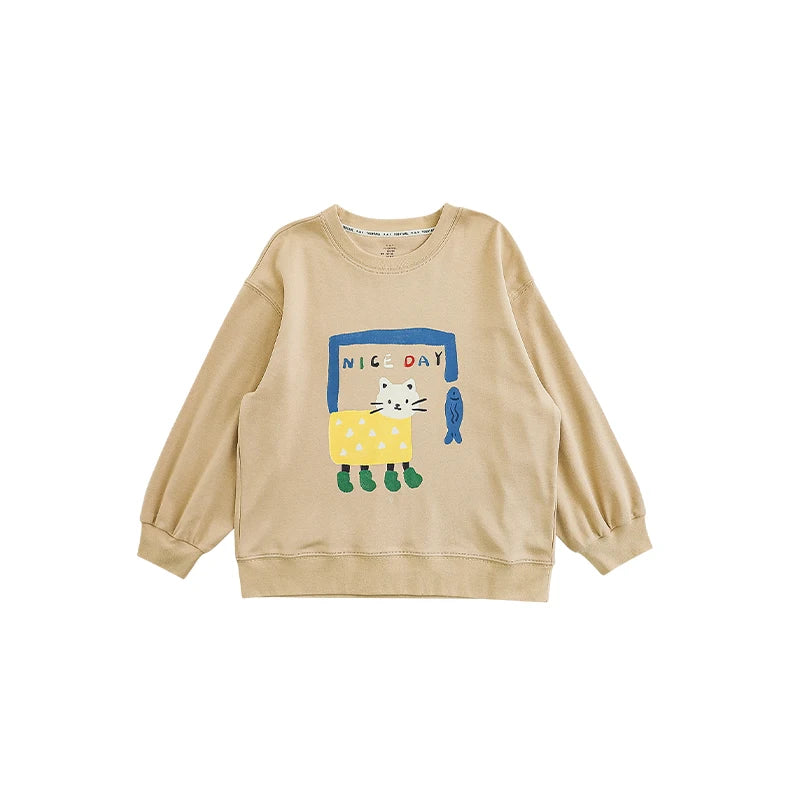 Felpa con Cappuccio Bambino in Cotone Elasticizzato – Stampa Cartoni Animati, Manica Lunga, Beige, Grigio, Cachi, Azzurro