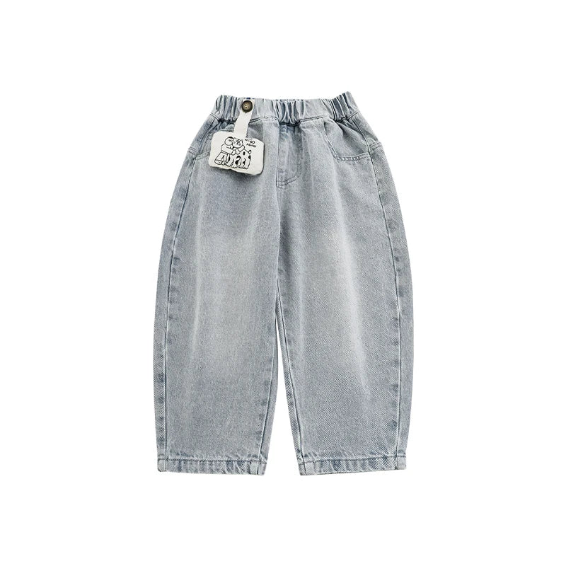 Pantaloni Jeans Bambino Modello Ravanello – Denim Blu Chiaro e Grigio, Gamba Morbida con Orlo, Vita Comoda