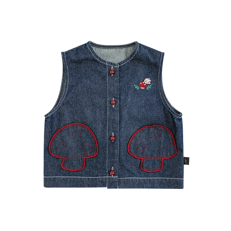 Gilet in Jeans per Bambina con Ricamo Funghi – Trendy e Versatile