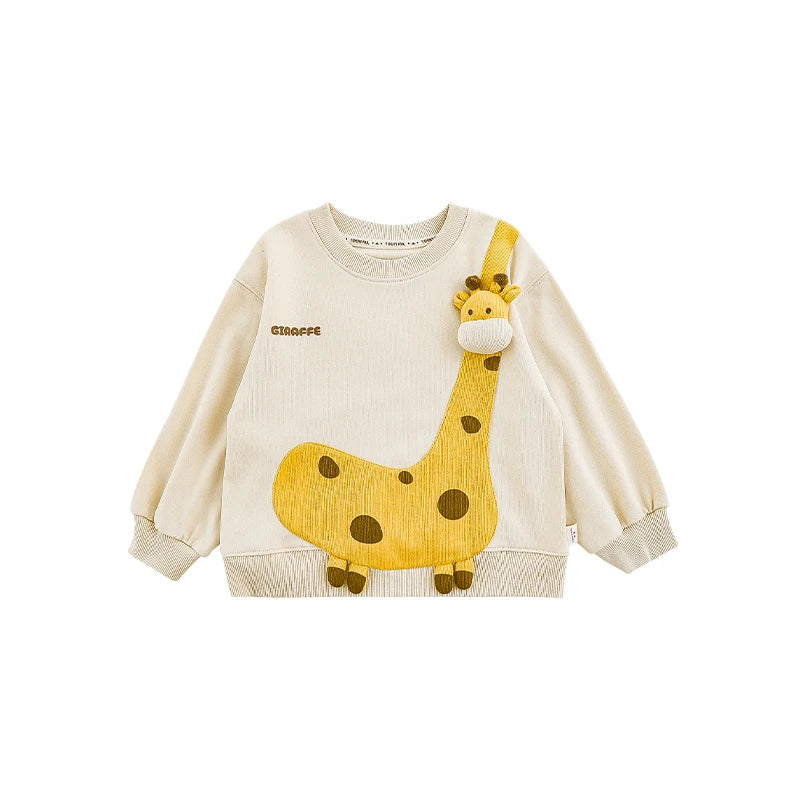 Felpa Bambino in Cotone con Giraffa 3D – Girocollo, Manica Lunga, Beige e Azzurro, Morbida e Divertente