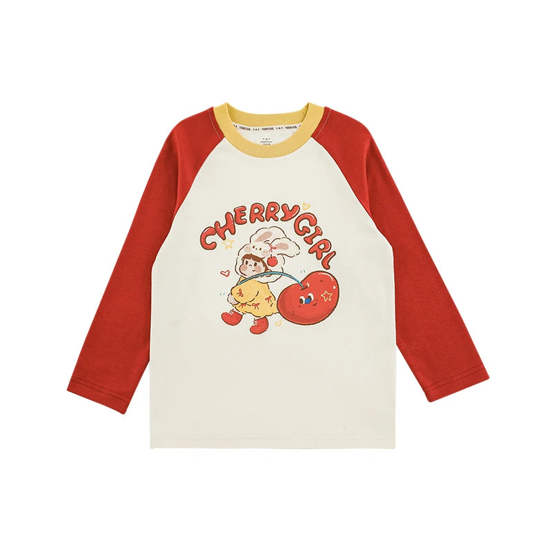 T-shirt Bambino a Manica Lunga in Cotone – Spalla Scesa, O-Collo, Rosa, Azzurro, Giallo, Rosso, Morbida e Traspirante