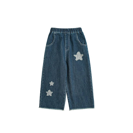 Jeans Bambina con Ricamo Pentagramma – Pantaloni Dritti e Comodi in Denim, Colore Blu