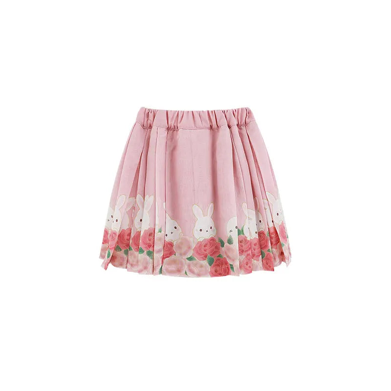 Gonna Bambina Floreale con Ricami – Verde e Rosa, Motivo Fiori e Conigli, Elegante e Tradizionale