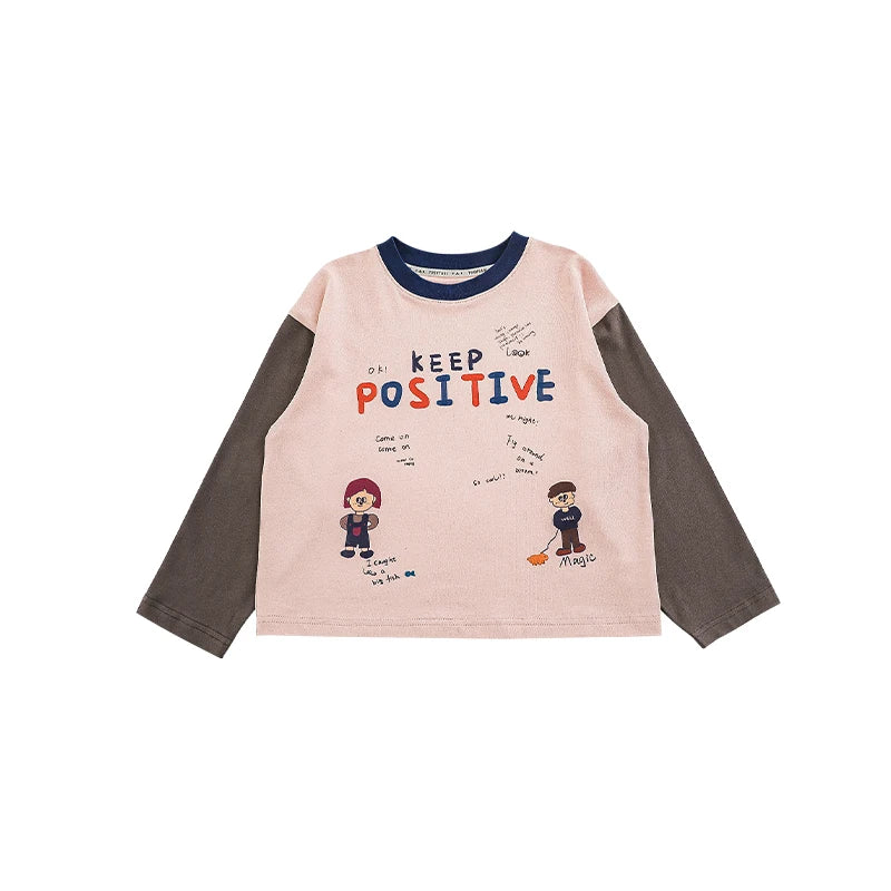 T-shirt Bambino a Manica Lunga in Cotone – Stampa Lettere e Cartoni Animati, Morbida e Comoda, Bianco e Rosa