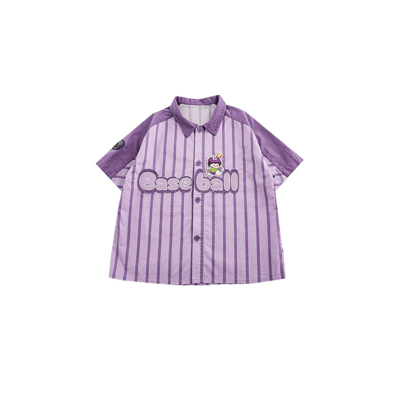 Camicia Bambino Maniche Corte a Righe – Stile Baseball, Viola, Colletto Classico, Cotone