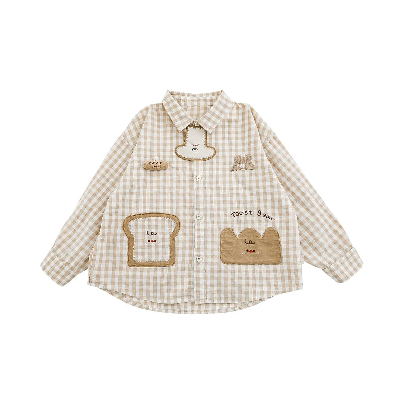 Camicia Bambino con Stampa Orsetto/Toast – Quadri Beige o Cachi