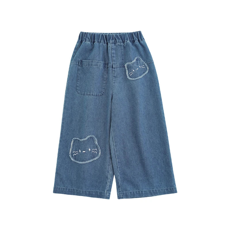 Jeans Bambina con Coniglietto – Pantaloni in Denim Dritti, Cotone Morbido, Blu Scuro e Azzurro