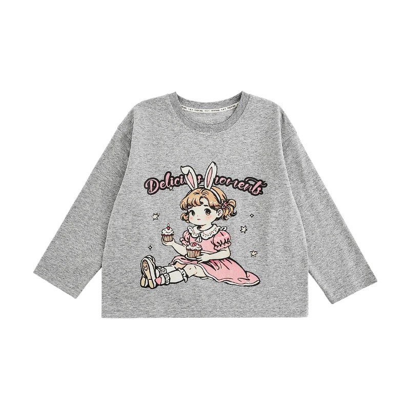 T-Shirt Primavera Bambina a Maniche Lunghe – Girocollo in Cotone Elasticizzato, Beige, Rosa, Rosa Scuro e Grigio