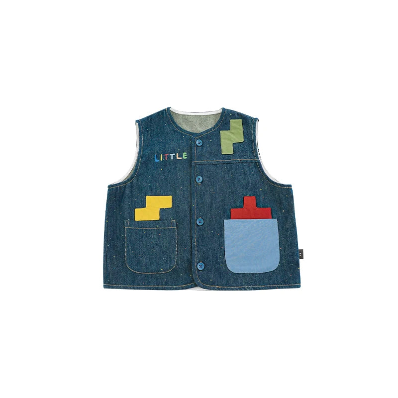 Gilet Bambino in Denim con Tasche – Blu Jeans, Stampa Tetris Colorata, Casual e Moderno