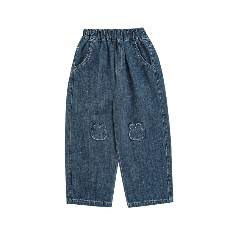 Jeans Bambina con Ricamo Coniglietto – Pantaloni Dritti Casual in Denim, Colore Blu