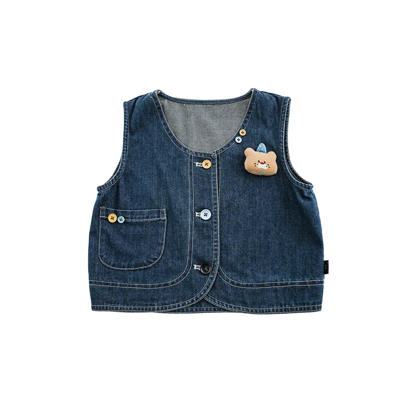 Gilet Bambino in Denim con Orsetto 3D – Primaverile, Nero e Blu Scuro, Alta Qualità