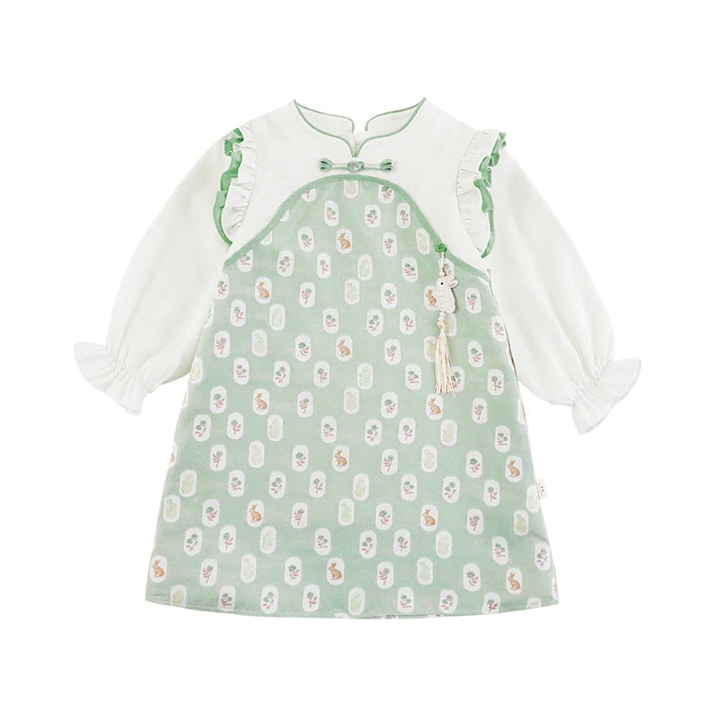 Vestito Bambina Effetto Due Pezzi con Ricami e Nappine – Reversibile, Manica Lunga, Verde e Rosa, Elegante e Primaverile