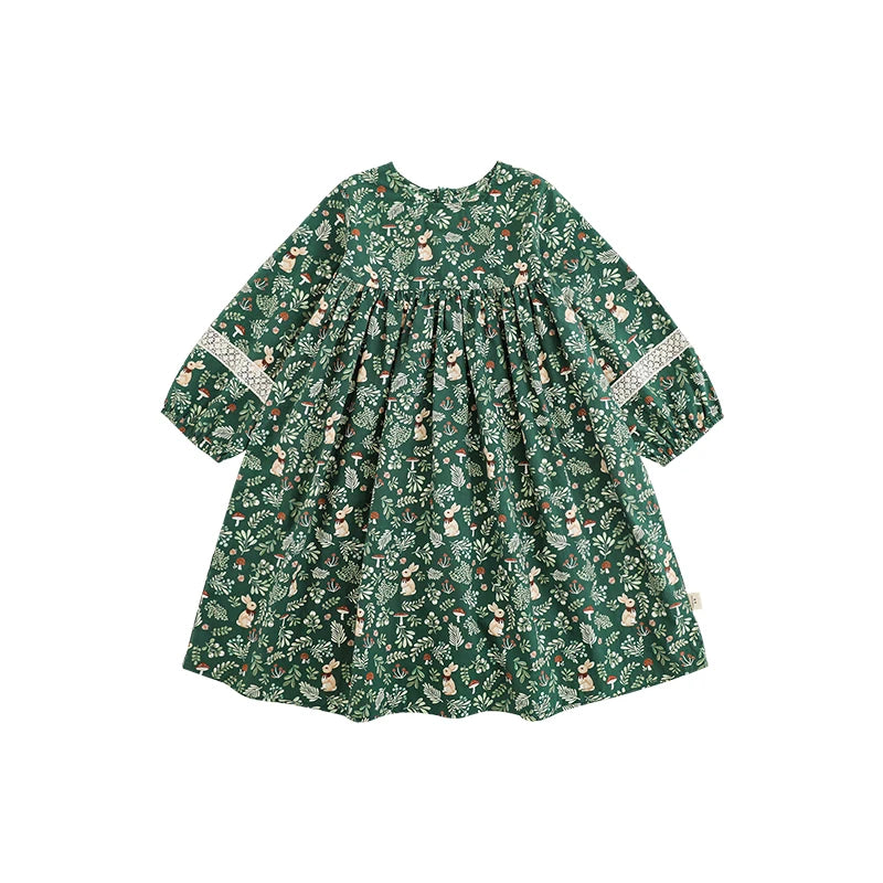 Vestito Bambina Primaverile con Fiori – Manica Lunga, Verde, Stile Pastorale, Cotone Morbido, Elegante per Cerimonie ed Eventi