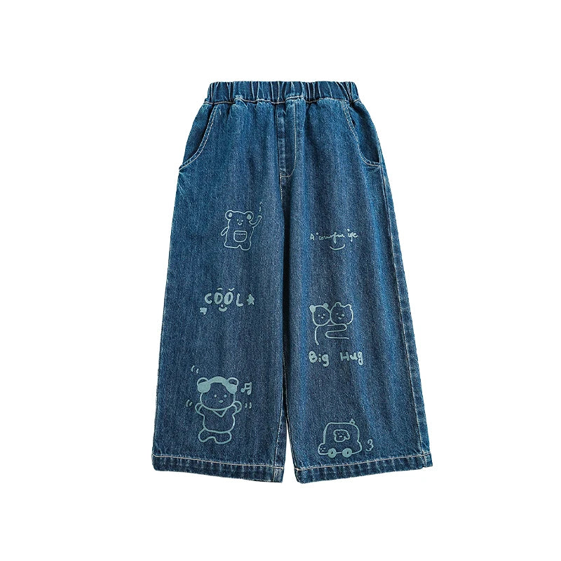 Pantaloni Bambino in Jeans a Gamba Larga – Azzurro e Blu, Stampa Cartoni Animati, Comodi e Resistenti