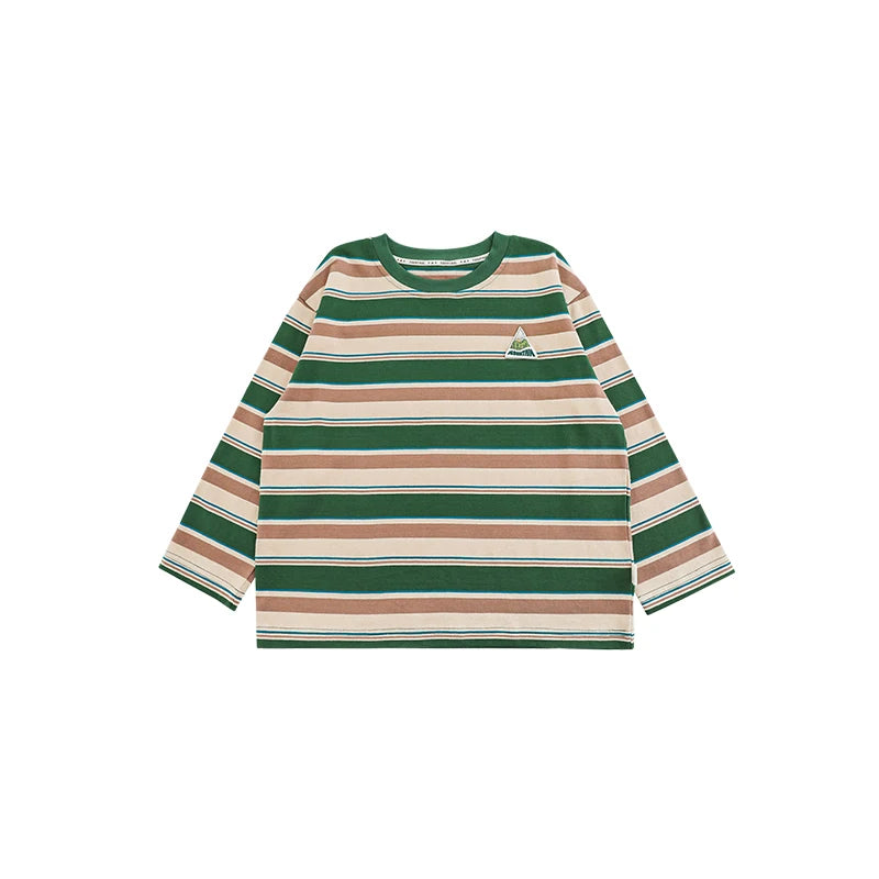 T-shirt Bambino a Righe in Cotone 100% – Manica Lunga, Ricamo Cartoni Animati, Marrone, Blu, Verde