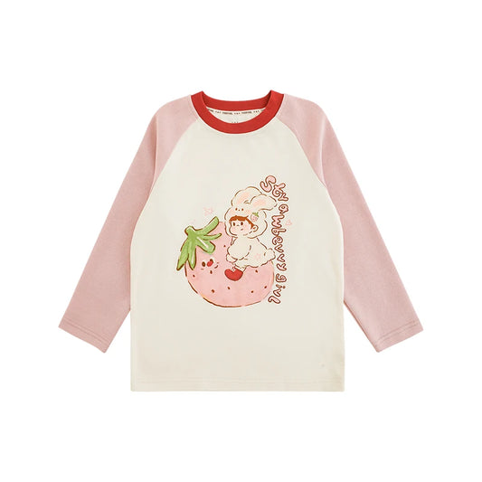 T-shirt Bambino a Manica Lunga in Cotone – Spalla Scesa, O-Collo, Rosa, Azzurro, Giallo, Rosso, Morbida e Traspirante